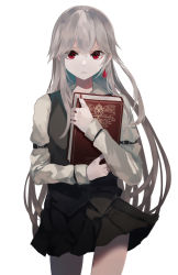 Rule 34 | 1girl, absurdres, black skirt, black vest, book, commentary request, cowboy shot, earrings, fingernails, grey hair, hair between eyes, hand up, highres, jewelry, long hair, long sleeves, looking at viewer, nail polish, hugging object, ogami ren, original, parted lips, pleated skirt, red eyes, red nails, shirt, simple background, skirt, solo, very long hair, vest, white background, white shirt