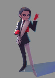 Rule 34 | 1boy, a-ka, black hair, disney, disneyland, formal, full body, gloves, grey background, looking to the side, male focus, mr. dalmatia, recruiters (disney), red gloves, shadow, signature, simple background, smile, solo focus, suit