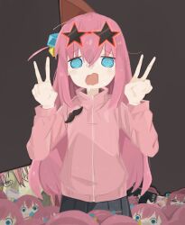 Rule 34 | absurdres, blue eyes, bocchi the rock!, cube hair ornament, double v, eyewear on head, fake facial hair, fake mustache, gotoh hitori, hair ornament, highres, jacket, long hair, long sleeves, looking at viewer, naaga sonomono, open mouth, pink hair, pink jacket, pink track suit, side ahoge, skirt, star-shaped eyewear, star (symbol), sunglasses, sweat, track jacket, v