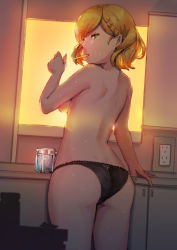 Rule 34 | 1girl, aduo, ass, backlighting, black panties, blonde hair, braid, breasts, charlotte (shironeko project), cowboy shot, from behind, glass, green eyes, highres, holding, indoors, looking at viewer, looking back, medium breasts, panties, shironeko project, short hair, solo, swept bangs, toothbrush, topless, underwear, underwear only