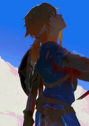 Rule 34 | 1boy, artist name, belt, blood, blood on clothes, blue eyes, blue sky, blue tunic, brown belt, brown pants, champion&#039;s tunic (zelda), closed mouth, day, earrings, grey shirt, hair between eyes, hair ornament, highres, holding, holding sword, holding weapon, jewelry, kaninn, layered sleeves, link, long sleeves, looking up, male focus, mountain, nintendo, outdoors, pants, pointy ears, ponytail, shield, shield on back, shirt, short hair, short over long sleeves, short ponytail, short sleeves, sidelocks, sky, solo, standing, sword, the legend of zelda, the legend of zelda: breath of the wild, torn clothes, torn shirt, torn tunic, tunic, weapon
