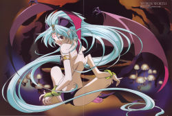 Rule 34 | 1girl, armlet, back, bat wings, blue hair, bridal gauntlets, crease, delta (words worth), demon girl, facial mark, forehead mark, from behind, gloves, head wings, highres, long hair, looking back, megami magazine, mushroom, nail polish, official art, pale skin, pink nails, pointy ears, poster (medium), red eyes, rin-sin, scan, sitting, smile, solo, demon girl, very long hair, wings, words worth