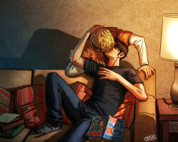 Rule 34 | 2boys, bara, black hair, blonde hair, book, book stack, couch, couple, cris art, denim, grey socks, hand on another&#039;s head, hulkling, jeans, kiss, lamp, layered shirt, long sideburns, magazine (object), male focus, marvel, multiple boys, on couch, pants, pillow, shirt, short hair, sideburns, socks, t-shirt, thick eyebrows, wiccan, yaoi