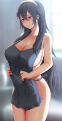 Rule 34 | 1girl, alternate breast size, apron, bare arms, bare shoulders, black apron, blue eyes, blush, breasts, cleavage, closed mouth, collarbone, cowboy shot, female focus, fire emblem, fire emblem awakening, ginhaha, hair between eyes, highres, large breasts, long hair, looking down, lucina (fire emblem), naked apron, nintendo, sideboob, solo, standing, thighs