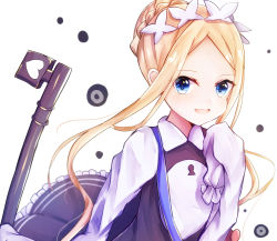 Rule 34 | 1girl, :d, abigail williams (fate), abigail williams (festival outfit) (fate), black dress, blonde hair, blue eyes, braid, butterfly hair ornament, commentary request, dress, fate/grand order, fate (series), forehead, hair bun, hair ornament, hand up, heart, heroic spirit chaldea park outfit, highres, keyhole, long hair, long sleeves, looking at viewer, official alternate costume, open mouth, parted bangs, pero 1005, sidelocks, simple background, single hair bun, sleeveless, sleeveless dress, sleeves past fingers, sleeves past wrists, smile, solo, very long hair, white background