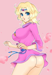 Rule 34 | 1980s (style), 1girl, :d, ankh, ass, blonde hair, blue eyes, blush, breasts, headband, large breasts, looking back, retro artstyle, open mouth, retro artstyle, short hair, sister (ultima iii), skirt, smile, solo, tokisige, ultima iii: exodus, ultima kyoufu no exodus
