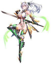 Rule 34 | 1girl, armor, asahi, bikini armor, boots, breasts, cleavage cutout, clothing cutout, colored skin, curvy, full body, gauntlets, gloves, highres, holding, holding weapon, horns, huge breasts, jumping, kirihara junko, lilith-soft, long hair, looking at viewer, mechanical horns, ponytail, scarf, shiny skin, smile, solo, taimanin (series), taimanin rpgx, weapon, white hair, white skin, wide hips
