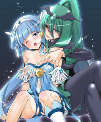 Rule 34 | 10s, 2girls, ;o, aoki reika, bad end march, bad end precure, bare shoulders, black bodysuit, blue eyes, blue hair, blush, bodysuit, boots, grabbing another&#039;s breast, breasts, choker, cure beauty, dark persona, grabbing, green eyes, green hair, knee boots, crossed legs, long hair, looking at viewer, magical girl, medium breasts, multiple girls, nipples, one eye closed, open mouth, precure, rape, saliva, saliva trail, sitting, smile precure!, takano saku, tiara, tongue, tongue out, torn clothes, wink, yuri