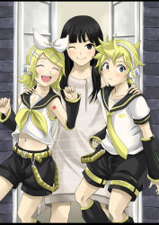 Rule 34 | 1boy, 2girls, animification, bad id, bad pixiv id, kagamine len, kagamine rin, multiple girls, navel, one eye closed, pontai, real life, shimoda asami, smile, vocaloid, voice actor, voice actor connection, wink