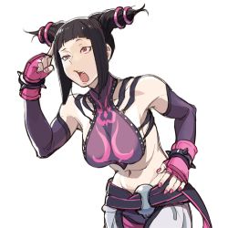 Rule 34 | 1girl, bad id, bad twitter id, bare shoulders, black hair, bracelet, breasts, commentary request, detached sleeves, drill hair, dudou, elbow gloves, fang, fingerless gloves, gloves, halterneck, halterneck, han juri, hand on own hip, hime cut, jewelry, kirusu, large breasts, midriff, nail polish, navel, red eyes, short twintails, sideboob, solo, spiked bracelet, spikes, street fighter, street fighter iv (series), twin drills, twintails