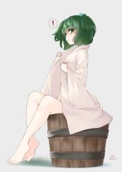 Rule 34 | 1girl, absurdres, artist name, barefoot, bathrobe, bucket, commentary, dated, full body, green eyes, green hair, grey background, hair bobbles, hair ornament, highres, in bucket, in container, kisume, legs, long sleeves, looking at viewer, naked robe, one-hour drawing challenge, parted lips, robe, short hair, signature, simple background, sitting, solo, touhou, twitter username, umxzo, wide sleeves, wooden bucket