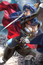 Rule 34 | 1girl, 2020, alternate breast size, armor, artist name, bent over, blue eyes, blue hair, boots, breastplate, breasts, cape, cleavage, cleavage cutout, clothing cutout, falchion (fire emblem), female focus, fingerless gloves, fire emblem, fire emblem awakening, gloves, hairband, holding, holding sword, holding weapon, lips, long hair, looking to the side, lucina (fire emblem), matching hair/eyes, medium breasts, nintendo, pants, shirt, shoulder armor, signature, solo, sword, thighs, weapon, zumi (zumidraws)