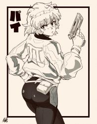 Rule 34 | 1990s (style), 1girl, 2019, ass, big hair, borrowed character, character name, commentary, english commentary, finger on trigger, greyscale, gun, handgun, highres, jacket, kellzallday, looking back, marker (medium), monochrome, outside border, pants, pi (math), pi (space maria), pistol, retro artstyle, short hair, signature, solo, space maria, tight clothes, tight pants, traditional media, weapon