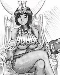 Rule 34 | 1girl, aaronhibiki, blunt bangs, breasts, crossed legs, curvy, egyptian clothes, greyscale, highres, large breasts, looking at viewer, menace (queen&#039;s blade), menace (queen&#039;s blade unlimited), monochrome, navel, parted lips, queen&#039;s blade, revealing clothes, setra, shawl, short hair, sitting, smile, solo, thick thighs, thighs, underboob