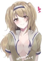 Rule 34 | 1girl, akgsgra, bad id, bad twitter id, blush, breasts, brown eyes, cleavage, collarbone, dated, hairband, heart, highres, i-26 (kancolle), kantai collection, large breasts, light brown hair, long hair, looking at viewer, new school swimsuit, sailor collar, school swimsuit, short sleeves, signature, smile, solo, swimsuit, swimsuit under clothes, torn clothes, two-tone hairband, two side up, white background