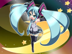 Rule 34 | 1girl, aqua eyes, aqua hair, bare shoulders, black footwear, black skirt, boots, detached sleeves, eyebrows, full body, hair between eyes, hatsune miku, katami shinta, leg up, long hair, looking at viewer, necktie, open mouth, outstretched arms, skirt, solo, sparkle, star (symbol), thigh boots, thighhighs, twintails, very long hair, vocaloid, wide sleeves