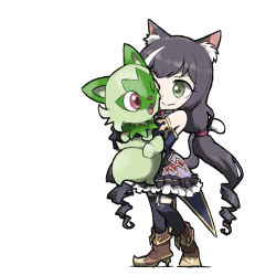 Rule 34 | 1girl, ;), animal ear fluff, animal ears, bare shoulders, black hair, black thighhighs, blacknirrow, boots, brown footwear, cat ears, cat girl, cat tail, closed mouth, commentary, creatures (company), crossover, drill hair, english commentary, frilled skirt, frills, game freak, gem, green eyes, high heel boots, high heels, holding, holding poke ball, karyl (princess connect!), legwear garter, long hair, low-tied long hair, miniskirt, multicolored hair, nintendo, one eye closed, pink gemstone, poke ball, pokemon, pokemon (creature), princess connect!, purple skirt, simple background, skirt, smile, split mouth, sprigatito, standing, streaked hair, tail, tail raised, thighhighs, two-tone hair, white background, white hair, zettai ryouiki