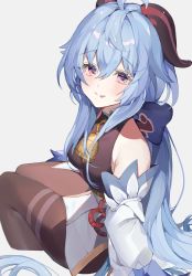 Rule 34 | 05 lg3lll, 1girl, :p, ahoge, bare shoulders, bell, black legwear, blue hair, blush, bow, breasts, chinese knot, detached sleeves, flower knot, ganyu (genshin impact), genshin impact, gold trim, highres, horns, light smile, long hair, looking at viewer, low ponytail, medium breasts, neck bell, purple eyes, sidelocks, sitting, solo, tongue, tongue out, twisted torso, white background, white sleeves