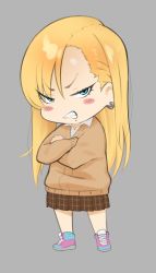 Rule 34 | 1girl, angry, blonde hair, blue eyes, blush, blush stickers, cardigan, chibi, collared shirt, crossed arms, earrings, grey background, grimace, hair between eyes, highres, jewelry, looking at viewer, original, plaid, plaid skirt, pleated skirt, shirt, shoes, skirt, sneakers, solo, suruga kreuz, white shirt, delinquent