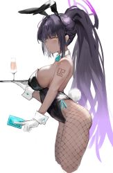 Rule 34 | absurdres, animal ears, bare shoulders, black hair, black leotard, blue archive, blue bow, blue bowtie, bow, bowtie, breasts, card, cropped legs, cup, dark-skinned female, dark skin, detached collar, drinking glass, earrings, fake animal ears, fake tail, fishnet legwear, fishnets, from side, gloves, gnai, halo, highres, holding, holding card, holding tray, jewelry, karin (blue archive), karin (bunny) (blue archive), large breasts, leaning forward, leotard, long hair, looking at viewer, looking to the side, number tattoo, off shoulder, pantyhose, parted lips, playboy bunny, ponytail, purple hair, rabbit ears, rabbit tail, shoulder tattoo, sideboob, simple background, strapless, strapless leotard, tail, tattoo, thighs, tray, very long hair, white background, white gloves, wrist cuffs, yellow eyes