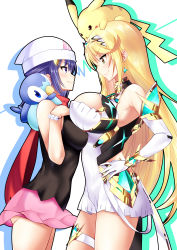 Rule 34 | 2girls, absurdres, bare legs, bare shoulders, beanie, blonde hair, breast envy, breasts, chest jewel, cleavage, cleavage cutout, closed mouth, clothing cutout, creatures (company), crossover, daive, dawn (pokemon), dress, earrings, elbow gloves, eye contact, from side, game freak, gen 1 pokemon, gen 4 pokemon, gloves, hand on own hip, hand up, hat, highres, jewelry, large breasts, long hair, looking at another, multiple girls, mythra (xenoblade), name connection, nintendo, on head, on shoulder, pikachu, piplup, pokemon, pokemon (creature), pokemon dppt, pokemon on head, pokemon on shoulder, short dress, small breasts, smile, standing, swept bangs, thigh strap, tiara, very long hair, wavy mouth, white dress, white footwear, white gloves, white headwear, xenoblade chronicles (series), xenoblade chronicles 2, yellow eyes