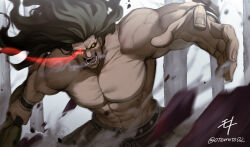 Rule 34 | 1boy, absurdres, black hair, dark-skinned male, dark skin, fate/stay night, fate (series), floating hair, forest, glowing, glowing eye, heracles (fate), heterochromia, highres, holding, holding sword, holding weapon, long hair, moto (otemoto02), muscular, muscular male, nature, open mouth, outdoors, red eyes, solo, straight hair, sword, topless, tree, weapon, yellow eyes