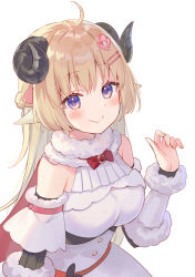 Rule 34 | 1girl, ahoge, animal ears, bare shoulders, blonde hair, blush, bow, breasts, closed mouth, curled horns, demon horns, detached sleeves, fukahire (ruinon), fur trim, hair ornament, hairclip, highres, hololive, horns, long hair, long sleeves, looking at viewer, purple eyes, sheep ears, sheep horns, simple background, smile, solo, tsunomaki watame, tsunomaki watame (1st costume), very long hair, virtual youtuber, white background
