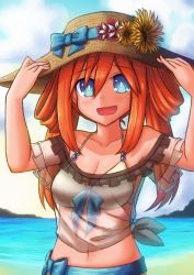Rule 34 | 1girl, absurdres, alternate costume, beach, blue eyes, blush, breasts, cleavage, day, hair ornament, hands on headwear, hat, highres, looking at viewer, medium breasts, navel, neptune (series), novus rue, ocean, open mouth, orange hair, orange heart (neptunia), outdoors, power symbol, power symbol-shaped pupils, see-through, shin jigen game neptune vii, simple background, smile, solo, sun hat, symbol-shaped pupils, twintails