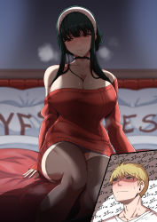 Rule 34 | 1boy, 1girl, absurdres, bare shoulders, black hair, blonde hair, blush, braid, breasts, brown thighhighs, choker, cleavage, collarbone, french braid, green eyes, hairband, highres, large breasts, long hair, long sleeves, looking at viewer, off-shoulder sweater, off shoulder, on bed, red eyes, red sweater, short hair, sidelocks, sitting, smile, spy x family, sweater, thighhighs, thighs, torahime (roland00), twilight (spy x family), yes-no pillow, yor briar