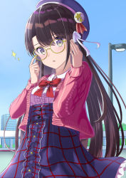 Rule 34 | 1girl, beret, black hair, blouse, blue hat, blue skirt, blue sky, blush, breasts, center frills, collared shirt, commentary request, day, frilled shirt, frilled skirt, frills, glasses, hands up, hat, high-waist skirt, highres, hololive, jacket, lamppost, long hair, long sleeves, looking at viewer, natsuki (natukituki), oozora subaru, oozora subaru (casual), open clothes, open jacket, outdoors, parted lips, pink jacket, round eyewear, shirt, skirt, sky, sleeves past wrists, small breasts, solo, sparkle, star (symbol), very long hair, virtual youtuber, white shirt, yellow-framed eyewear