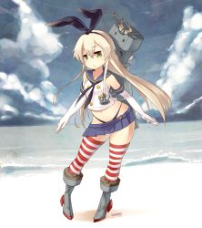 Rule 34 | 10s, 1girl, :o, anchor, beach, black panties, blonde hair, blueberry (5959), blush, boots, elbow gloves, gloves, grey footwear, hair ornament, hairband, highleg, highleg panties, kantai collection, long hair, looking at viewer, midriff, navel, panties, personification, rensouhou-chan, shimakaze (kancolle), skirt, solo, striped clothes, striped thighhighs, thighhighs, underwear, white gloves, wide hips