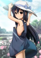 Rule 34 | 1girl, alternate hairstyle, black hair, blush, bow, brown eyes, cloud, day, flower, hair down, hands on headwear, hat, highres, k-on!, light rays, light smile, long hair, looking at viewer, looking back, nakano azusa, naked overalls, outdoors, overalls, pink flower, pink rose, rose, ryunnu, sky, solo, sun hat, sunbeam, sunlight, wind