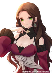 Rule 34 | 1girl, bare shoulders, breasts, brown hair, cleavage, commentary request, detached sleeves, dorothea arnault, dress, earrings, fire emblem, fire emblem: three houses, forehead, green eyes, highres, jewelry, long hair, long sleeves, looking at viewer, medium breasts, nintendo, purple dress, simple background, smile, solo, supershrimpcakes, upper body, very long hair, white background, wide sleeves