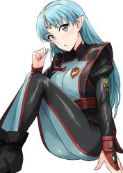 Rule 34 | 1girl, blue eyes, blue hair, bodysuit, breasts, circlet, forehead jewel, highres, jewelry, lafiel, long hair, looking at viewer, open mouth, pointy ears, seikai no senki, simple background, solo, tsurui, uniform, white background