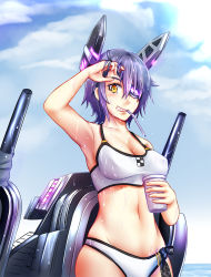 Rule 34 | 10s, 1girl, armpits, bare arms, bare legs, bare shoulders, bikini, breasts, cleavage, cloud, collarbone, day, eyepatch, grin, headgear, kantai collection, looking at viewer, machinery, mecha musume, midriff, mochi (chain csn), navel, outdoors, purple hair, short hair, sky, smile, solo, swimsuit, tenryuu (kancolle), wet, wet clothes, white bikini, yellow eyes
