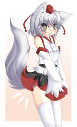 Rule 34 | 1girl, animal ears, bare shoulders, blush, breasts, detached sleeves, fang, grey eyes, hat, inubashiri momiji, looking at viewer, momosemocha, open mouth, pom pom (clothes), short hair, silver hair, small breasts, solo, tail, tokin hat, touhou, white legwear, wolf ears, wolf tail