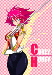 Rule 34 | 1girl, armband, blue eyes, breasts, cleavage, cleavage cutout, clothing cutout, cutie honey, cutie honey (character), gloves, highres, izuna nie, pants, pink hair, plaid, plaid background, solo, sparkle, sword, tight clothes, tight pants, title, weapon