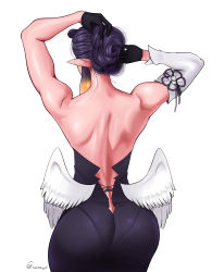 Rule 34 | absurdres, arms behind head, arms up, ass, back, back focus, backless dress, backless outfit, bare back, butt crack, dress, facing away, fraankyy, from behind, gloves, highres, hololive, hololive english, low wings, muscular, muscular female, ninomae ina&#039;nis, panties, pointy ears, simple background, sketch, tight clothes, tight dress, underwear, virtual youtuber, white background, wide hips, wings