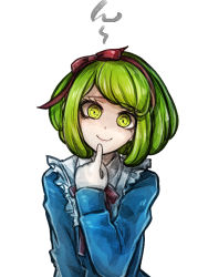 Rule 34 | 1girl, arm up, blue dress, bow, bowtie, child, closed mouth, danganronpa (series), danganronpa another episode: ultra despair girls, dress, ears, eyebrows, eyelashes, female focus, finger to mouth, finger to own chin, green eyes, green hair, hair bow, hair ribbon, hairband, hand up, headband, long sleeves, looking at viewer, neck ribbon, pointing, pointing at self, red bow, red hairband, red headband, red headwear, red ribbon, ribbon, shiny clothes, simple background, smile, solo, towa monaca, white background