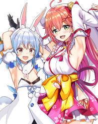 Rule 34 | 2girls, absurdres, ahoge, animal ear fluff, animal ears, armpits, arms up, black gloves, blue hair, blush, breasts, buttons, cherry blossom print, detached sleeves, eyebrows, floral print, frills, gloves, green eyes, hair between eyes, hair ornament, hairclip, highres, hololive, huge filesize, large breasts, long hair, looking at viewer, multiple girls, nootomo, open mouth, orange eyes, pink hair, rabbit ears, rabbit girl, sakura miko, sakura miko (1st costume), sideboob, small breasts, symbol-shaped pupils, teeth, upper teeth only, usada pekora, usada pekora (1st costume), virtual youtuber, white background