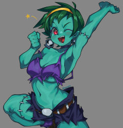 Rule 34 | 1girl, aqua skin, arm up, armpits, black shorts, blush, breasts, cleavage, clenched hand, cowboy shot, earrings, green hair, hairband, hand up, highres, jewelry, leg up, medium breasts, one eye closed, open mouth, red eyes, rottytops, shantae (series), short hair, shorts, skull earrings, smile, solo, star (symbol), stitches, torn clothes, torn shorts, twitter username, waa153, yellow hairband, zombie