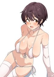 Rule 34 | 1girl, bikini, breasts, brown eyes, brown hair, cleavage, commission, elbow gloves, gloves, highres, idolmaster, idolmaster cinderella girls, large breasts, oikawa shizuku, open mouth, second-party source, seihekiog, short hair, simple background, sitting, skeb commission, smile, solo, swimsuit, thighhighs, white background, white bikini, white gloves, white thighhighs