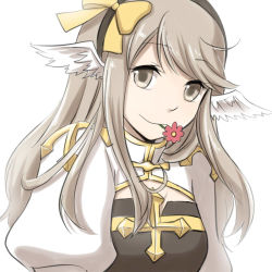 Rule 34 | 1girl, arch bishop (ragnarok online), black hairband, bow, bow hairband, breasts, brown eyes, brown hair, cleavage cutout, closed mouth, clothing cutout, commentary request, cross, dress, feathered wings, flower, flower in mouth, hairband, head wings, juliet sleeves, long hair, long sleeves, looking at viewer, medium breasts, natsuya (kuttuki), pink flower, puffy sleeves, ragnarok online, sidelocks, simple background, smile, solo, two-tone dress, upper body, white background, white dress, white wings, wings, yellow bow