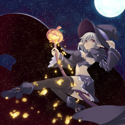 Rule 34 | 1girl, broom, broom riding, full moon, halloween, hat, moon, night, night sky, original, panties, shimakaze (soundz of bell), sky, solo, thighhighs, underwear, witch, witch hat