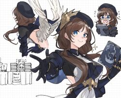 Rule 34 | 1girl, @ @, absurdres, angel, angel wings, backless leotard, backless outfit, beret, black gloves, blue eyes, book, book stand, breasts, brown hair, comiket, commentary, flustered, flying sweatdrops, gloves, granblue fantasy, hat, heattech leotard, highres, holding, holding book, large breasts, leaning forward, leotard, multiple wings, outstretched arm, raziel (granblue fantasy), seraph, smile, sparkle, turtleneck, wings, yakota (usuk-yako)