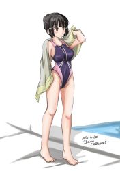 Rule 34 | 10s, 1girl, black eyes, black hair, competition swimsuit, kantai collection, masamori ikemo, myoukou (kancolle), one-piece swimsuit, short hair, standing, swimsuit, towel