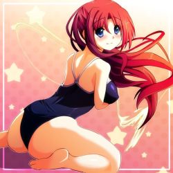 Rule 34 | 1girl, ass, bad id, bad pixiv id, barefoot, blue eyes, feet, higa, long hair, looking back, one-piece swimsuit, original, red hair, sitting, solo, swimsuit, wariza