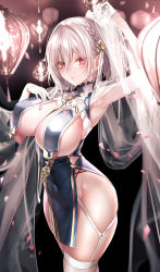 Rule 34 | 1girl, absurdres, armpits, azur lane, between breasts, braid, breast curtains, breasts, cleavage, dress, garter straps, gloves, hair between eyes, hand on own chest, highres, large breasts, looking at viewer, necktie, necktie between breasts, pottsness, red eyes, revealing clothes, short hair, sideboob, silver hair, sirius (azur lane), sirius (azure horizons) (azur lane), solo, thighhighs, white gloves, white thighhighs