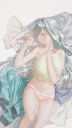 Rule 34 | 1girl, antenna hair, armpit crease, backlighting, bad proportions, bare arms, bare shoulders, bed sheet, blunt ends, bow, bow panties, closed eyes, collarbone, curled fingers, eromanga sensei, eyelashes, feet out of frame, frilled panties, frills, grey background, groin, hair between eyes, hair bow, hair ribbon, hair spread out, hands up, highres, indoors, izumi sagiri, jacket, unworn jacket, kkia, knee up, lace, lace-trimmed panties, lace trim, lingerie, long hair, lowleg, lowleg panties, lying, mole, mole on arm, muted color, navel, hugging object, on back, panties, parted lips, pink bow, pink panties, ribbon, silver hair, skindentation, sleeping, solo, stomach, strap slip, stuffed animal, stuffed octopus, stuffed toy, swept bangs, thigh gap, thighs, tress ribbon, underwear, underwear only, very long hair