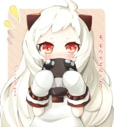 Rule 34 | 10s, 1girl, abyssal ship, ahoge, colored skin, covering own mouth, dress, flying sweatdrops, gloves, holding, horns, kantai collection, long hair, looking at viewer, mittens, northern ocean princess, pale skin, rateratte, red eyes, solo focus, tears, translation request, white dress, white gloves, white hair, white mittens, white skin